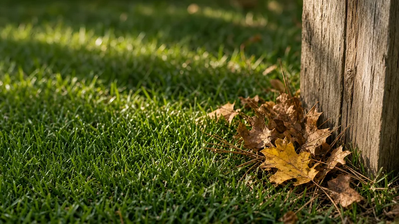 Fallen autumn leaves breaking down in the grass at the base of a wooden backyard fence post