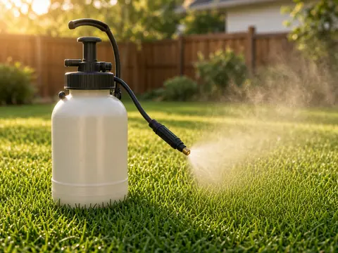 Pump sprayer on a sunny lawn (illustrative image)