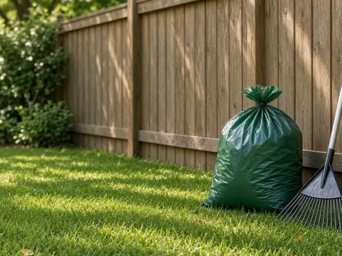 Illustrative photo: a cleaned backyard corner by a wooden fence with one tied waste bag and a rake