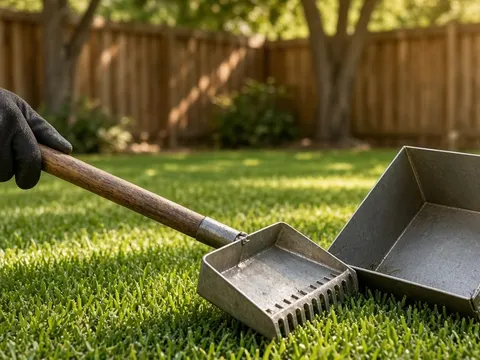 Illustrative photo: a gloved hand holds a rake scooper beside a waste pan on a clean green lawn
