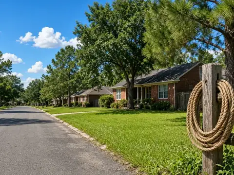 Tree-lined Texas neighborhood street with front lawns (illustrative image)